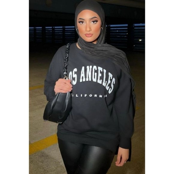 Tops - Black Los Angeles Print Long Sleeve Loose Fit Oversized Sweatshirt Top